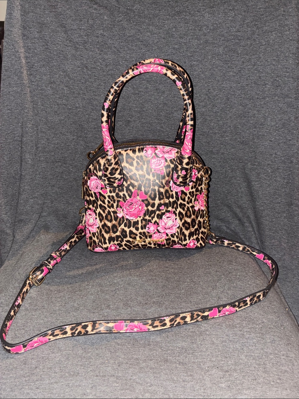 Leopard Print Rose Crossbody Satchel - Pink
